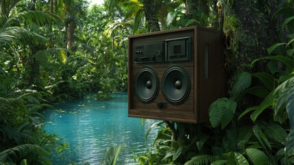 Vintage Stereo Speaker in Lush Jungle Landscape with Blue Lake