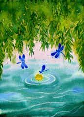 A large willow leaves above water surface with yellow sea poppy drifting on the waves with dragonflies around. Peaceful vacation watercolor illustration.