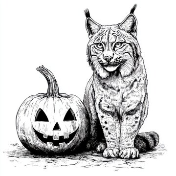 recommend clip art: Black and white Vintage engraved art of a lynx sitting beside a Jack o' lantern, isolated on white background, ink sketch illustration, simple vector art design, highly detailed line art, high 