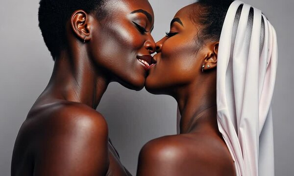 Two women sharing an intimate kiss in a close-up portrait with soft lighting against a neutral background