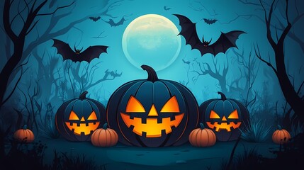 Fototapeta premium Spooky Halloween scene with glowing pumpkins and bats under a full moon.