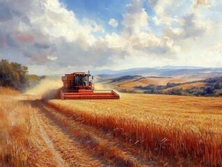 Obraz premium combine harvester glides effortlessly through golden rolling hills of farmland, capturing the essence of rural life and productivity in a sunlit scene filled with warm colors