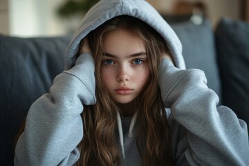 Stubborn teenage girl putting hood on head avoiding mom apology, ignoring talk with parent sitting on couch at home. Teen girl introvert hiding in, Generative AI