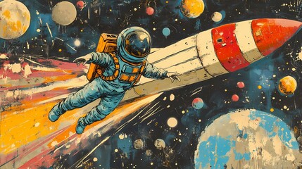 A vibrant illustration of an astronaut flying past a rocket in deep space.