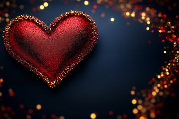 Elegant red heart and golden glitter on dark background with copy space. Valentine's day, love, passion, relationship concept