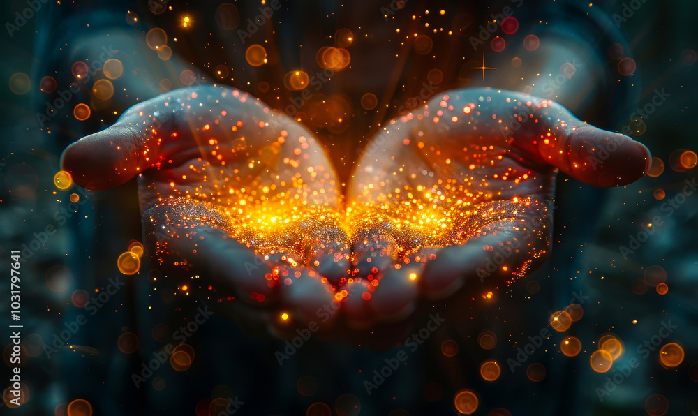 Poster digital spark connection in hands concept - visualizing the power of human and technological connect