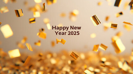 Festive gold confetti falls in celebration of New Year's Eve, creating a joyful atmosphere with the message 'Happy New Year 2025' prominently displayed.