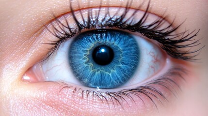  A tight shot of an eye, revealing a blue eyeball at its iris core
