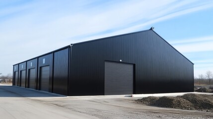 Fototapeta premium Modern Industrial Black Steel Building: A sleek, modern black steel building with three large garage doors. The building is set against a backdrop of a clear blue sky.
