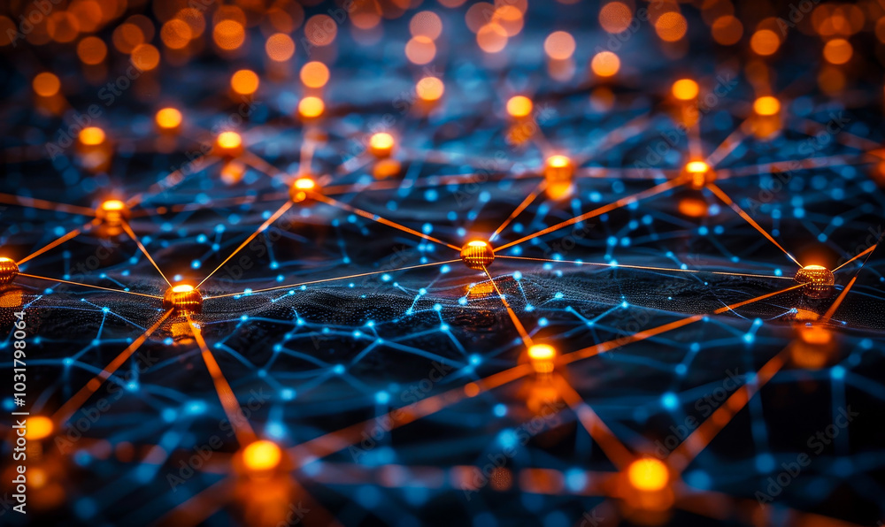 Poster interwoven network of glowing nodes representing digital connectivity and data exchange at night
