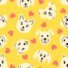 Seamless pattern with  dog faces  and hearts  on yellow background.