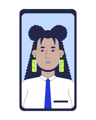 Hispanic curly hair consultant businesswoman on mobile phone screen 2D cartoon object. Latina personal assistant cellphone isolated element flat vector clipart on white background. Spot illustration