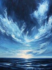 Fototapeta premium Wispy cirrus clouds in a pale blue sky above deep indigo ocean