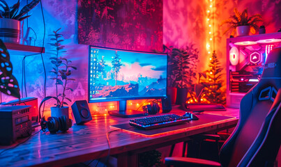 High-End Gamer Rig with First-Person Shooter on Screen in Cozy Room Lit by Pink Neon Light, Set Up on Home Desk with Modern Design and Gaming Chair for Immersive Gaming Experience at Night