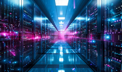 Modern Data Center Corridor with Rack Servers and Supercomputers Featuring High-Speed Internet Visualization, Digital Network Concept, Technology Infrastructure, Night Setting, Futuristic Mood