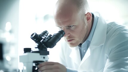 Bald man in a lab coat carefully examining a microscope in a bright white laboratory, blurred medical equipment in the background