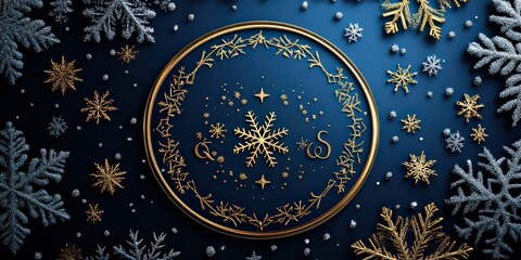  Elegant winter holiday decoration featuring golden snowflakes on dark blue, evoking festive and seasonal warmth with intricate designs.