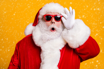 Close-up portrait of his he nice attractive amazed Santa father newyear celebration party pout lips...