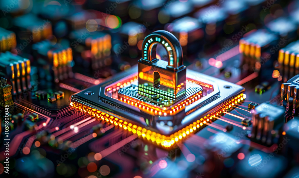 Poster futuristic digital cyber security: glowing circuit board with lock icon representing data protection