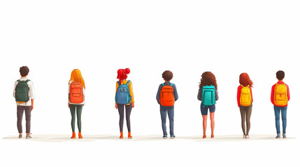 Obraz premium Diverse Group of Students with Backpacks Standing in Line.