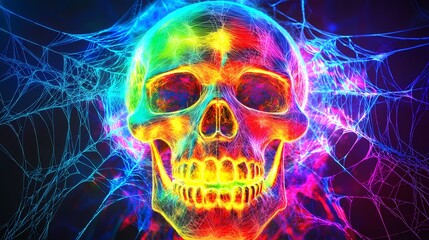 A vibrant, neon skull entangled in colorful spider webs.