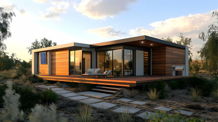 Obraz premium Modern Prefab Home with Deck and Solar Panels.