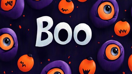 Fototapeta premium Colorful Halloween-themed illustration with spooky elements and the word 'Boo'.