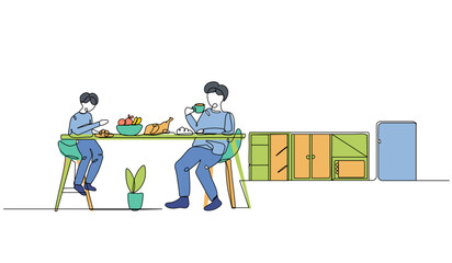 Vector illustration of eating with my  brother. Modern flat in continuous line style.
