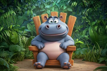 Naklejka premium A cheerful cartoon hippo sits in a wooden chair amidst lush greenery, exuding a relaxed and friendly vibe.