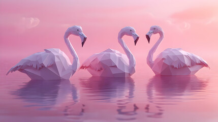Naklejka premium Geometric Pink Flamingos on Water.