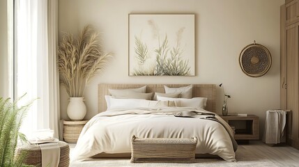 Obraz premium Elegant and Cozy Modern Bedroom Interior Design with Stylish Decor, mockup, poster and Background