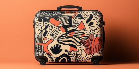 Colorful suitcase with abstract art design, featuring bold patterns and vibrant colors on an orange background, perfect for travel inspiration.