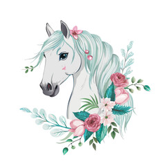 Horse with Flowers and Greenery in Delicate Floral Wreath