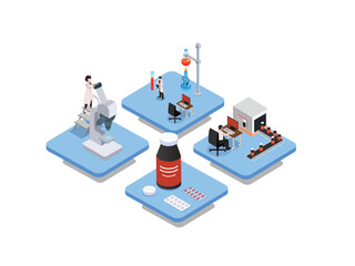 Pharmaceutical Research and Drug Production Process 3d isometric vector illustration
