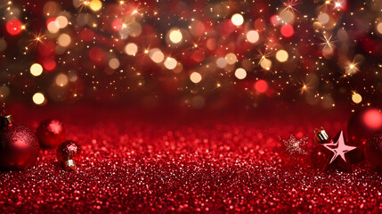 Red Christmas Glitter Background with Ornaments.