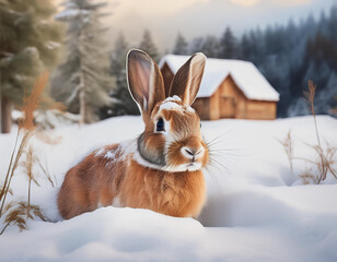 A close-up of a rabbit burrowing in the snow near a farmhouse, its fur blending into the winter landscape