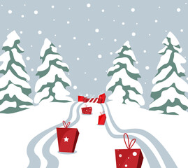 Weihnachtliche Szene mit Tannenbäumen im Schnee und Geschenken