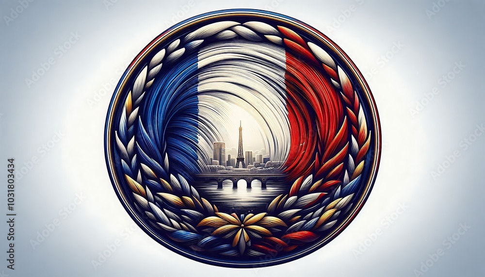 Poster a colorful design with a city in the background. the design is a circle with a wreath around it, iso