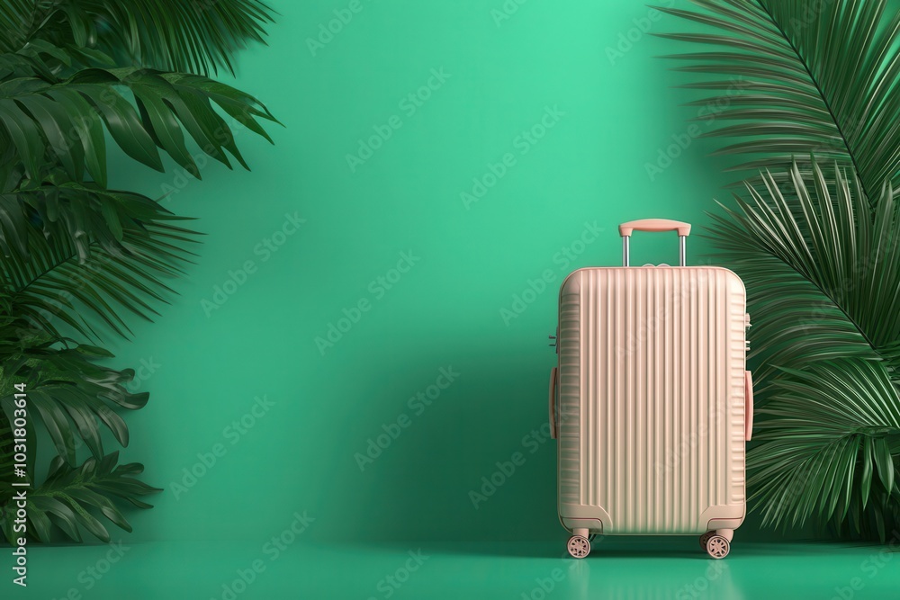 Wall mural elegant beige suitcase against a vibrant green background with tropical leaves, symbolizing travel a