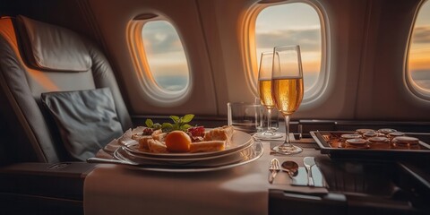 Elegant in-flight dining setup with gourmet meal and champagne, showcasing luxury travel experience during sunset in an airplane.