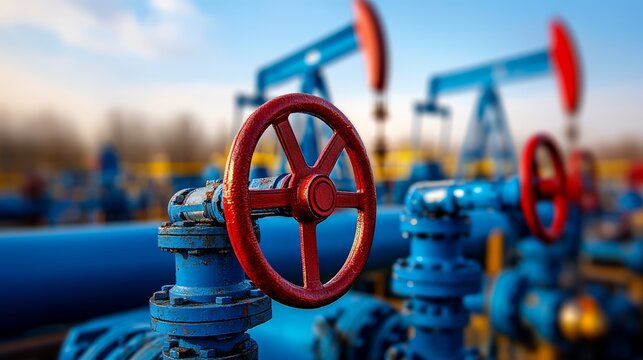 Close-up of industrial valves with a vibrant blue and red color scheme in a pipeline setting.