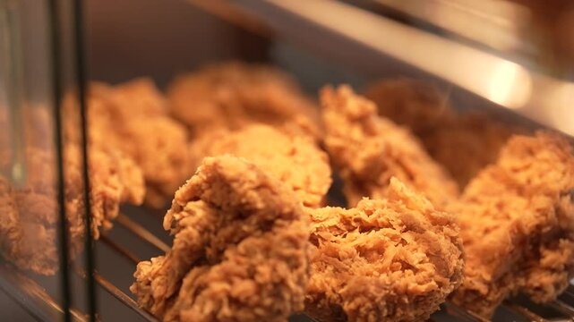 close up view of fried chicken in a food display case
