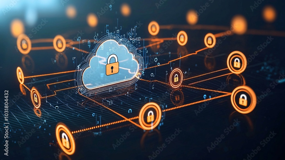 Poster a secure cloud icon surrounded by floating personal data points, each wrapped in a protective layer 