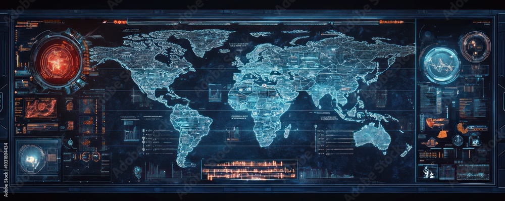 Poster futuristic digital world map interface with data visualizations and global connectivity