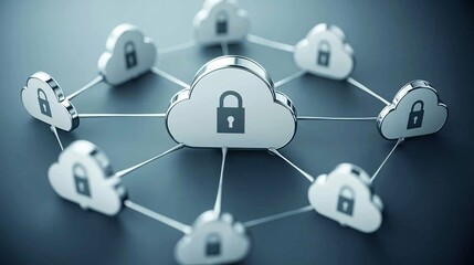 Fototapeta premium A secure cloud icon surrounded by floating personal data points, each wrapped in a protective layer of encryption and padlocks.