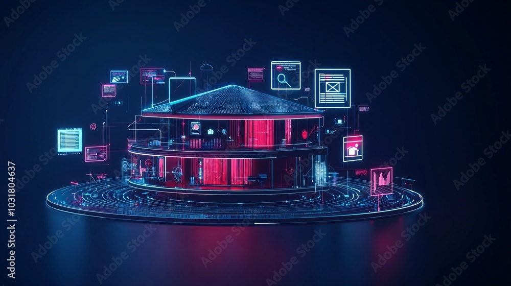 Poster a futuristic smart home surrounded by a digital fence made of security symbols and encrypted data, r