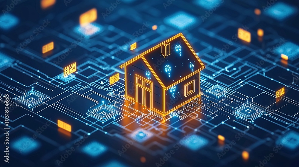 Poster a futuristic smart home surrounded by a digital fence made of security symbols and encrypted data, r