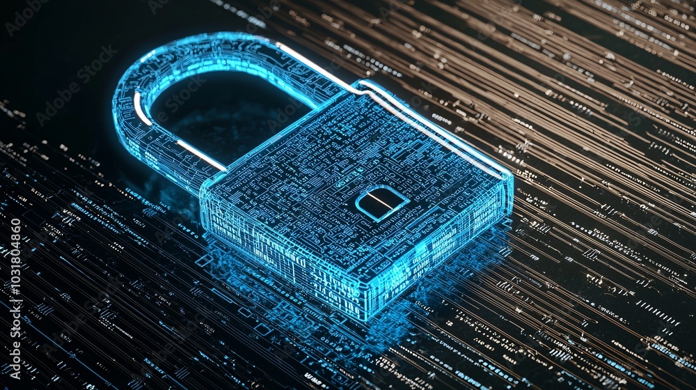 Poster a detailed, glowing data key being inserted into a padlock made of binary code, unlocking a secure d