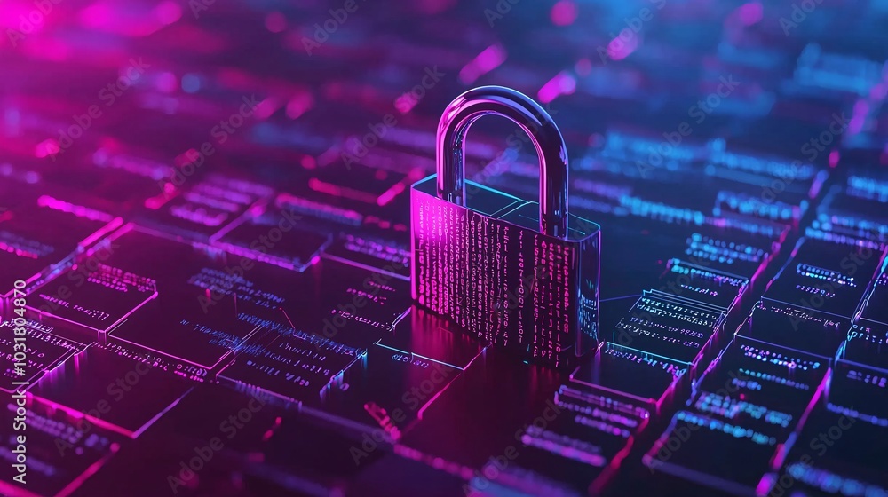 Poster a detailed, glowing data key being inserted into a padlock made of binary code, unlocking a secure d