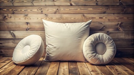 Vintage Style Mockup of White Square, Round, and Travel Pillows for Sleep Accessories